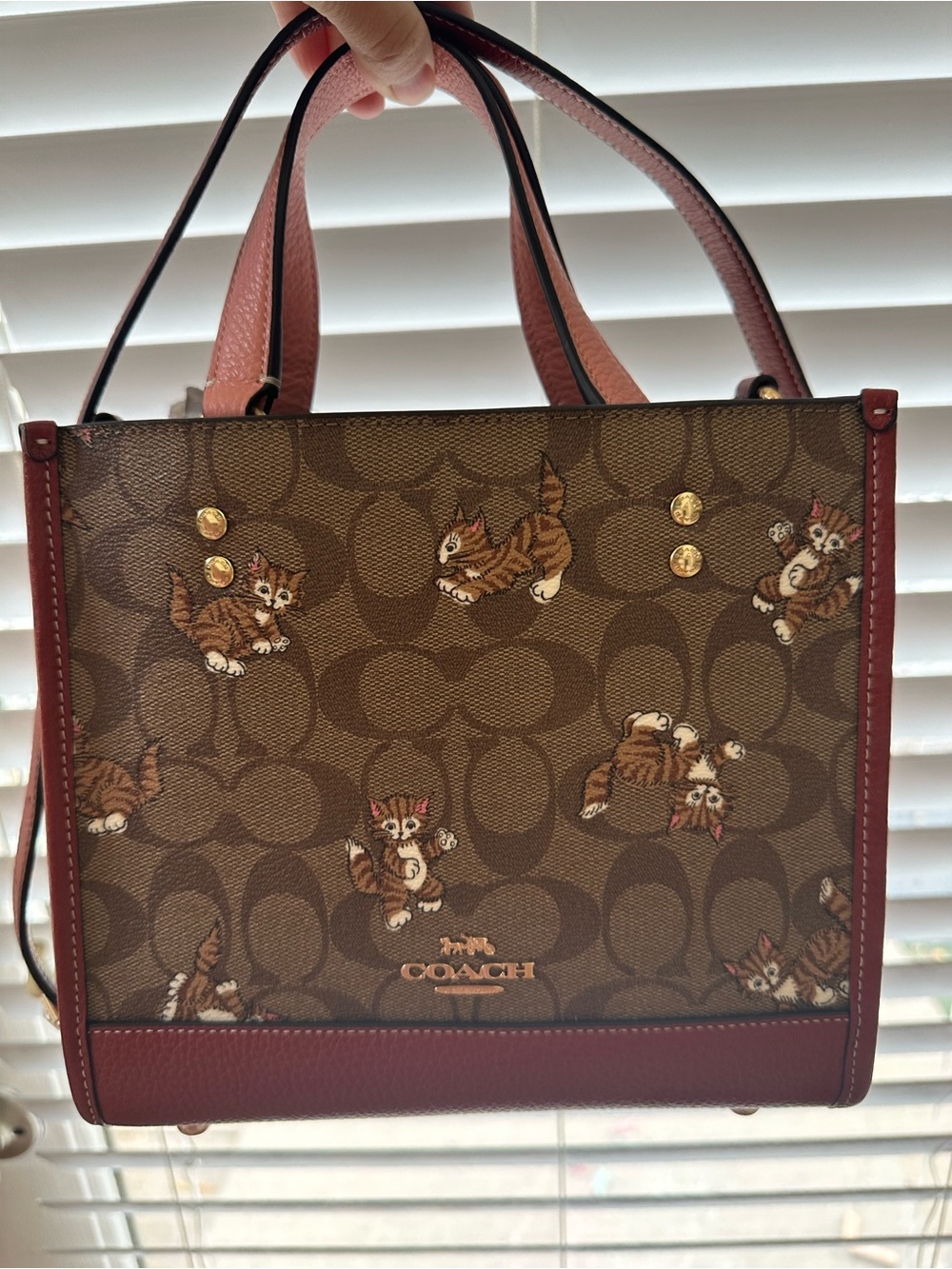 Coach Dempsey 22 Brown Signature Canvas Tote with Red Trim